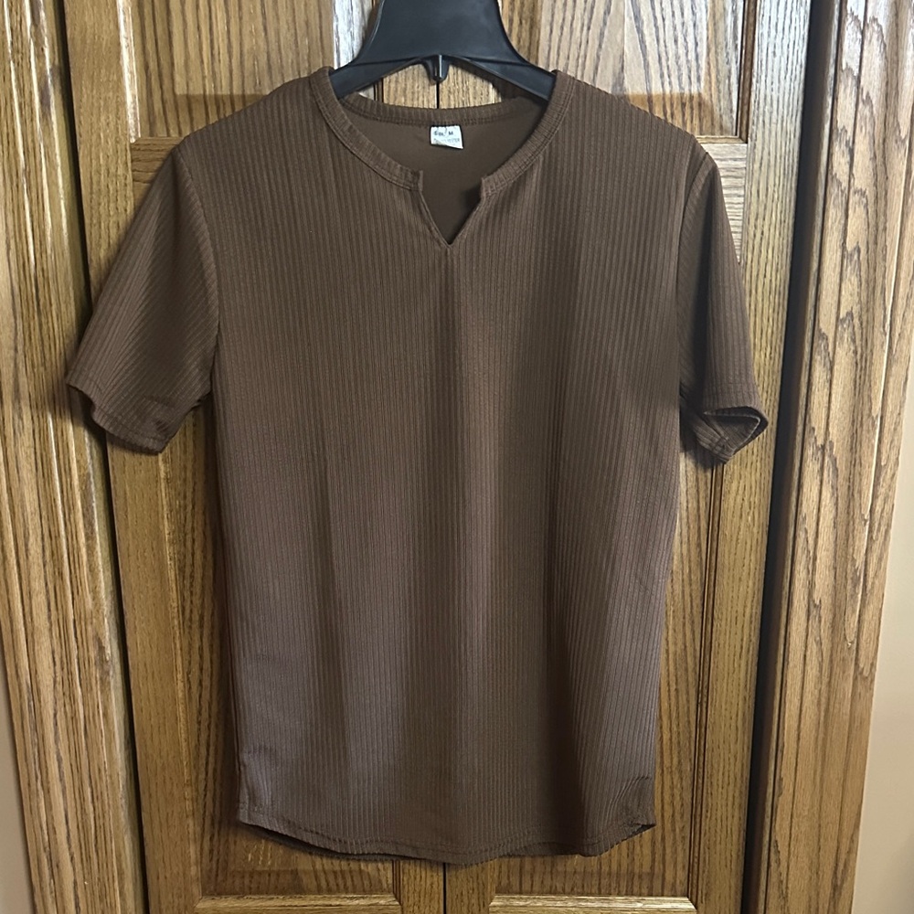 Shein Ribbed V-Notch Brown Short Sleeve Top